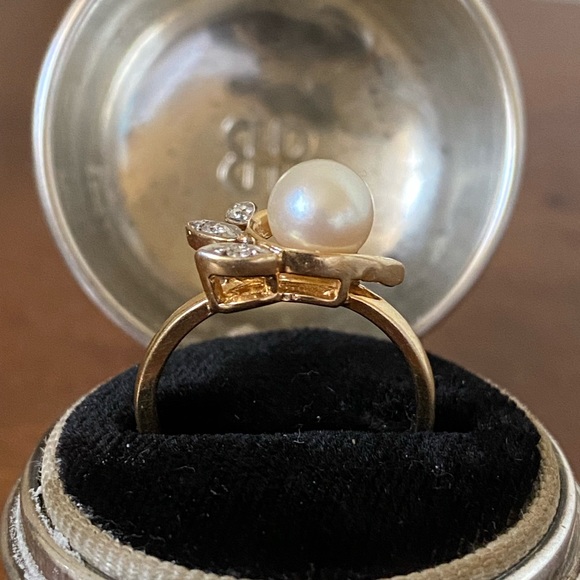 14k Yellow Gold Pearl Diamond Pave Cocktail Ring - Picture 2 of 5